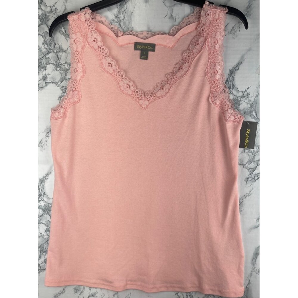 Style & Co. Womens Size Medium Scallop Tank Top Peachy Pink Lace Trim